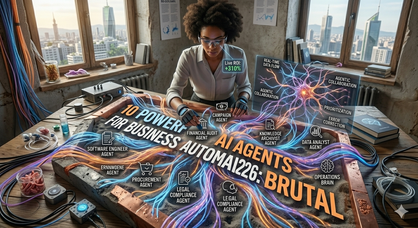 10 Powerful AI Agents for Business Automation 2026 visualized on a futuristic sand-table interface with neural data flows.