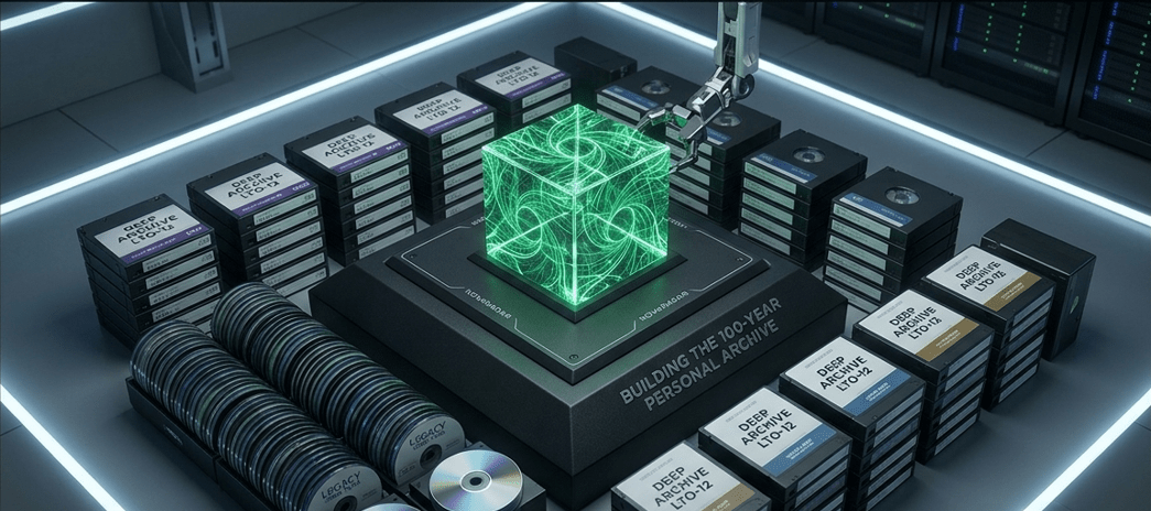 A 100-Year Personal Archive featuring a 5D crystal storage cube and cold backup media in a high-tech lab with a massive ornate border.