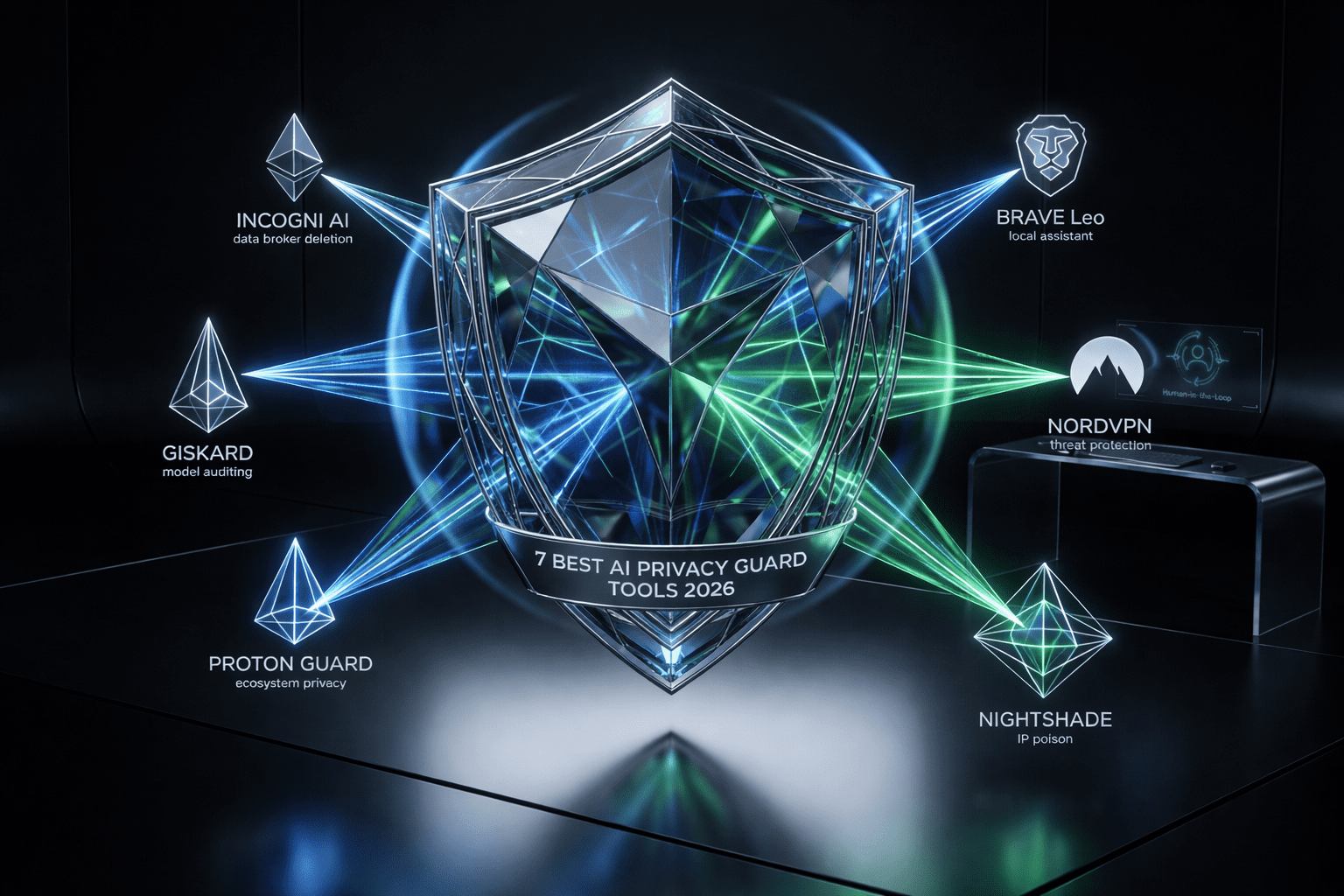 A futuristic crystalline data shield visualizing the 7 best AI privacy guard tools 2026 for total security.