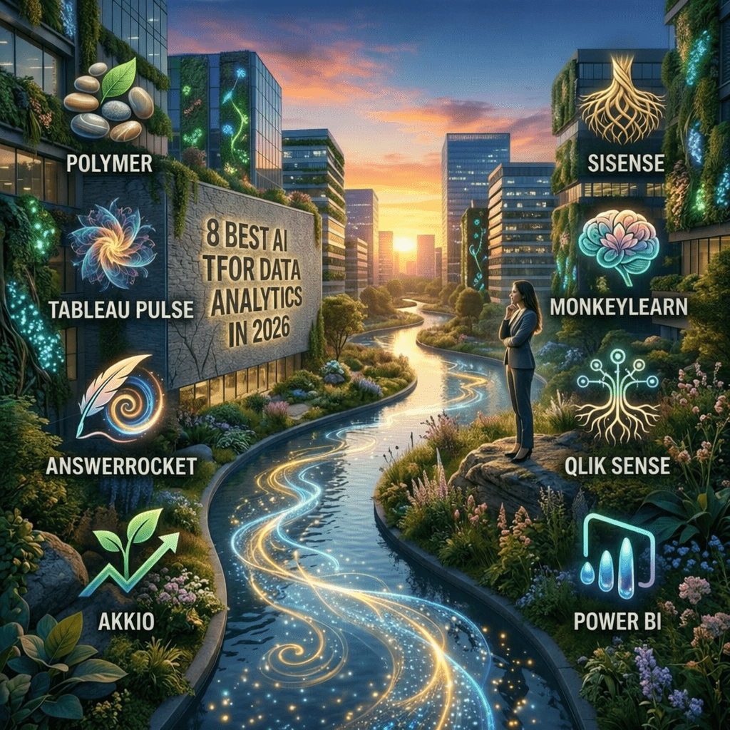 A surreal, photorealistic interpretation of the 8 best AI tools for data analytics in 2026, visualizing dynamic, bioluminescent data streams transforming a static cityscape at sunset.