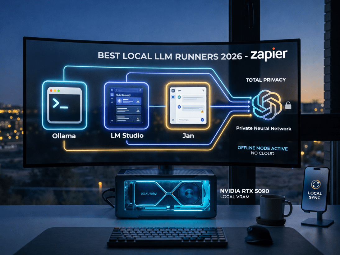 A visual comparison map of the Best Local LLM Runners 2026: Ollama, LM Studio, and Jan connected to a private neural network.