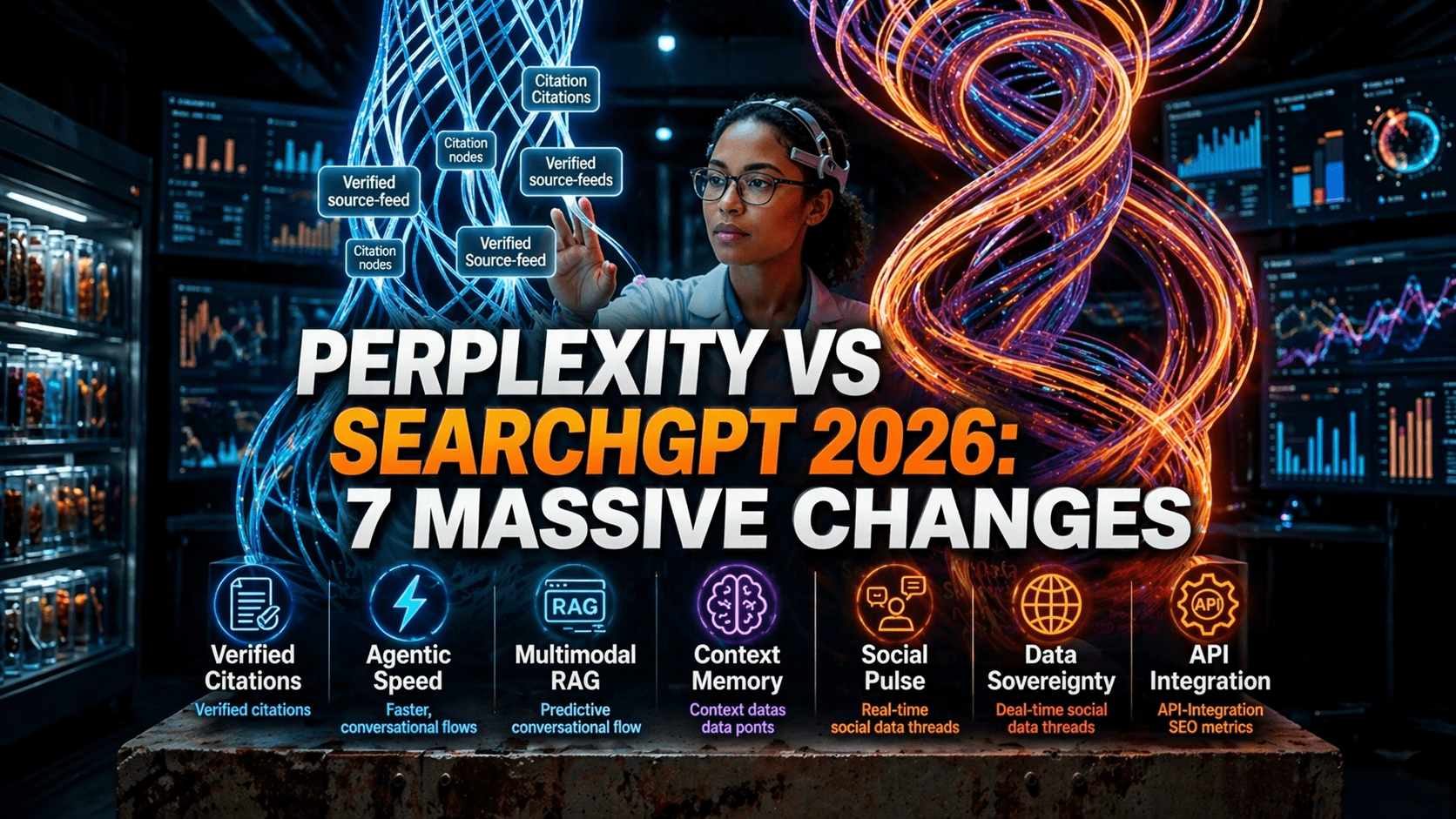 7 massive differences in Perplexity vs SearchGPT 2026 showing a researcher and neural maps on a Perplexity Pages dashboard.