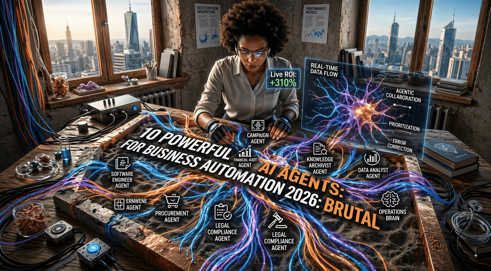 10 Powerful AI Agents for Business Automation 2026 visualized on a futuristic sand-table interface with neural data flows.
