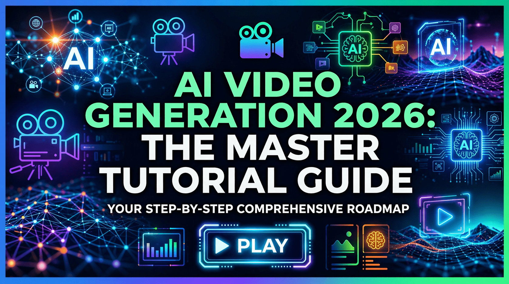 A high-tech digital banner for an AI Video Generation 2026 Master Tutorial Guide, featuring neon futuristic interfaces, neural network nodes, and a professional play button.