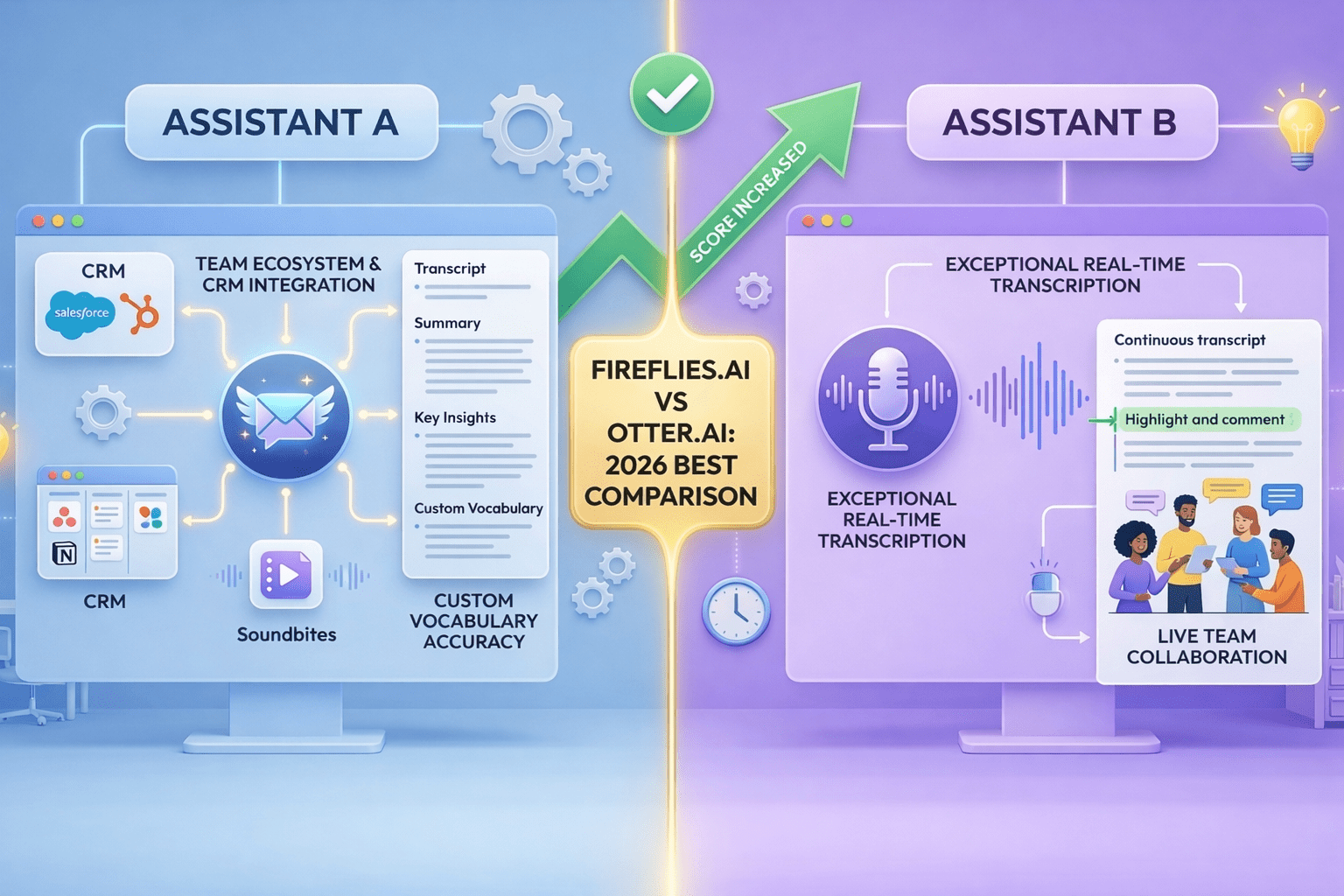 Fireflies.ai vs Otter.ai comparison infographic showing features for meeting transcription and summaries in 2026 best guide.
