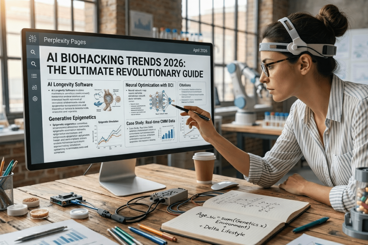 AI biohacking trends 2026 showing a group of scientists interacting with a neural optimization dashboard.