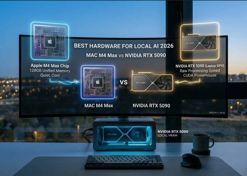A visual comparison of the Best Hardware for Local AI 2026: MacBook M4 Max vs NVIDIA RTX 5090.