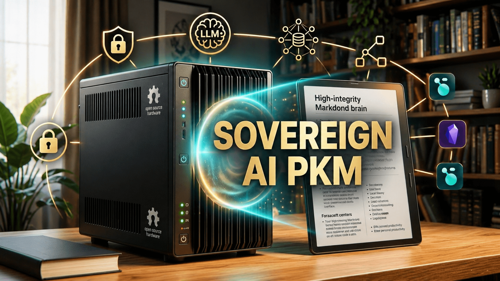 A professional home office setup showing a local server hardware projecting a golden Sovereign AI PKM hologram for private knowledge management.