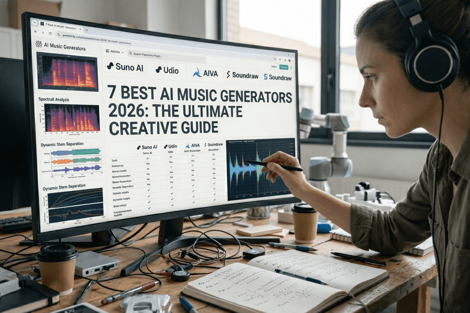 7 best AI music generators 2026 comparison and waveforms dashboard