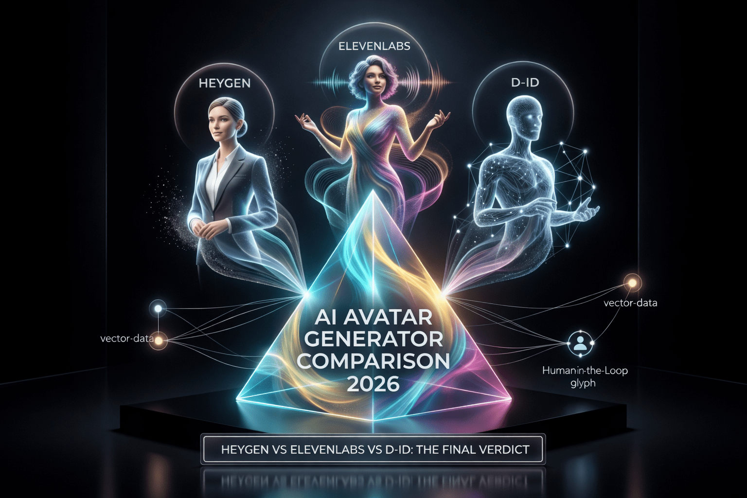 A futuristic holographic light studio sculpture for an AI avatar generator comparison 2026, showcasing HeyGen, ElevenLabs, and D-ID.