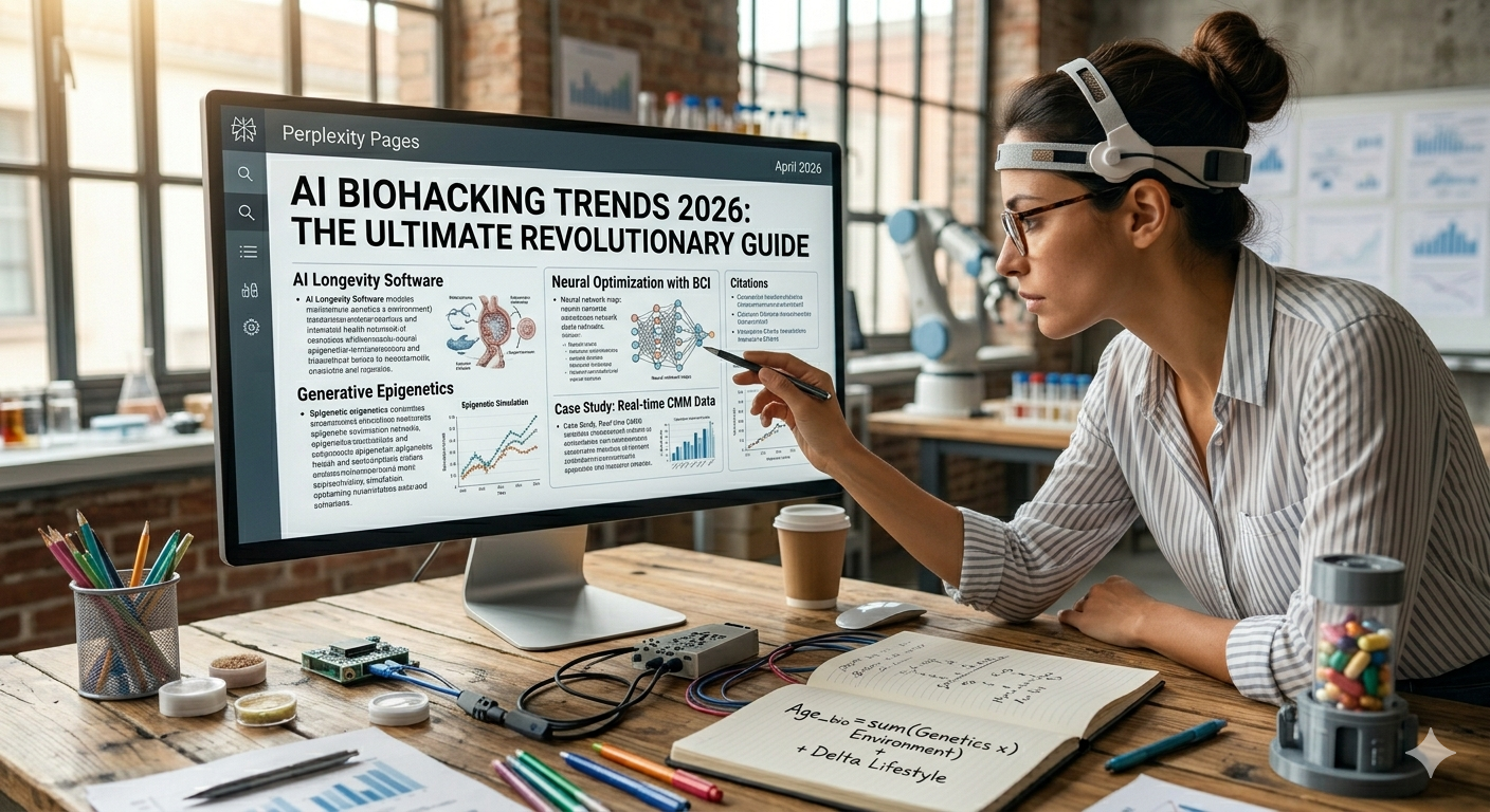 AI biohacking trends 2026 showing a group of scientists interacting with a neural optimization dashboard.