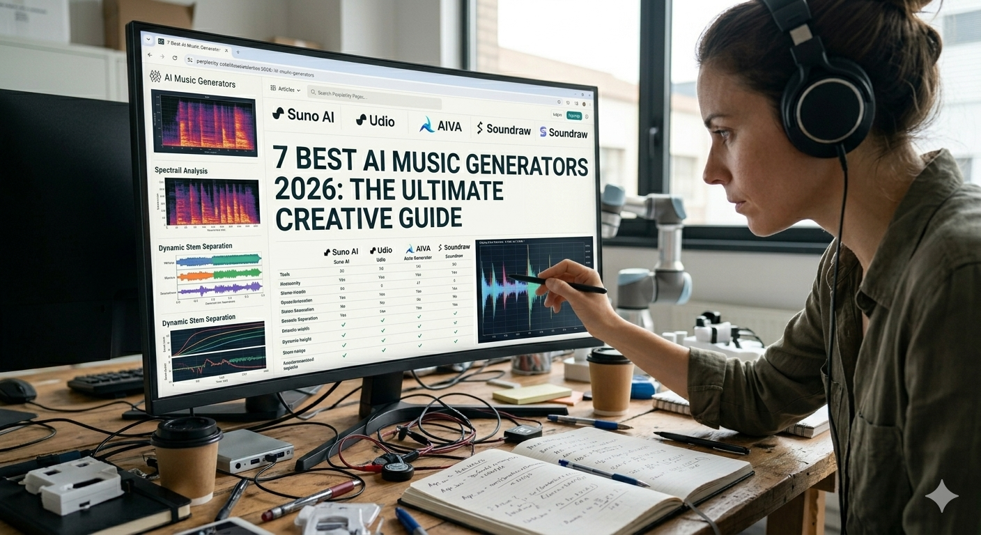 7 best AI music generators 2026 comparison and waveforms dashboard