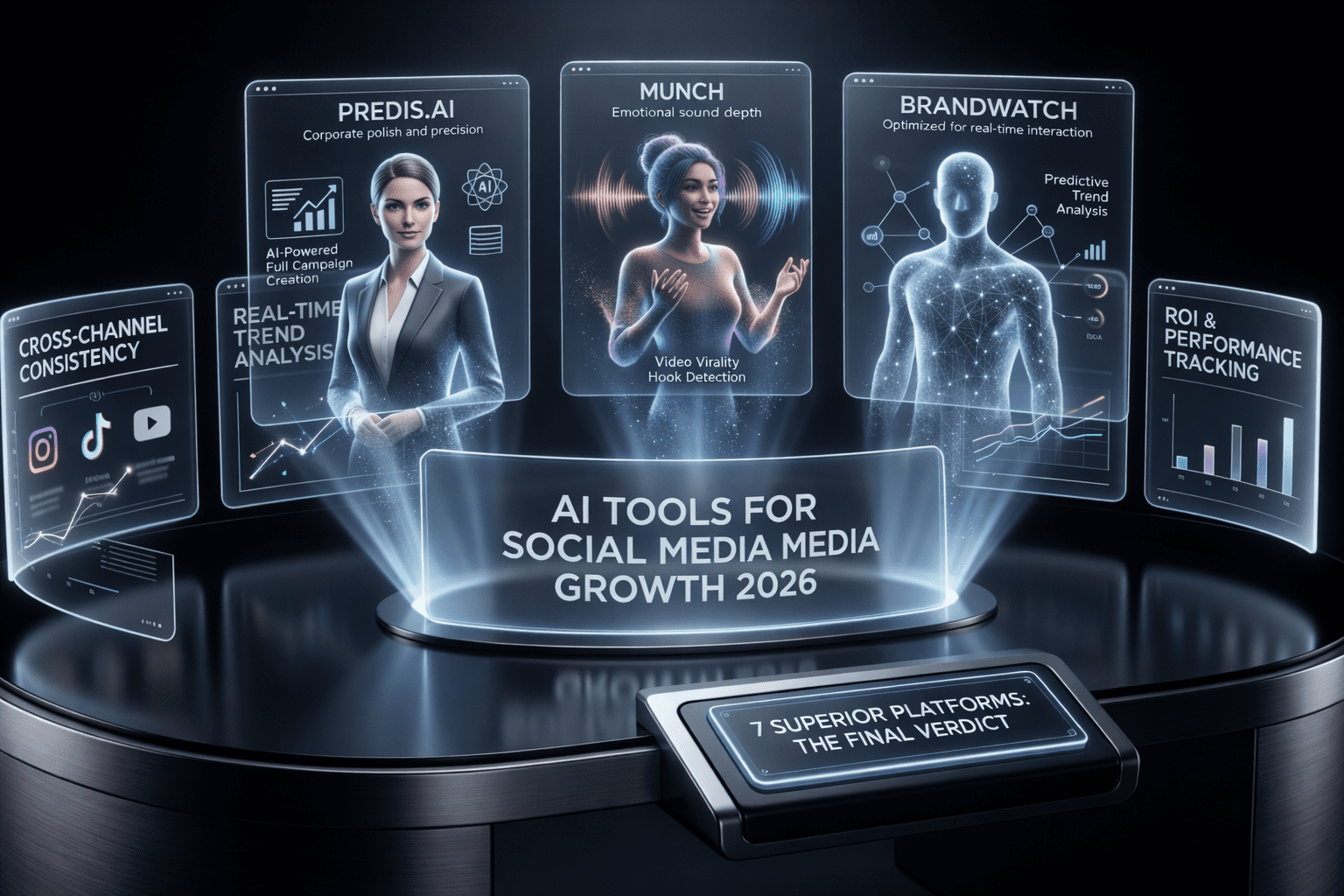 A high-tech professional creative workstation with glowing holographic displays showcasing the top AI tools for social media growth 2026.