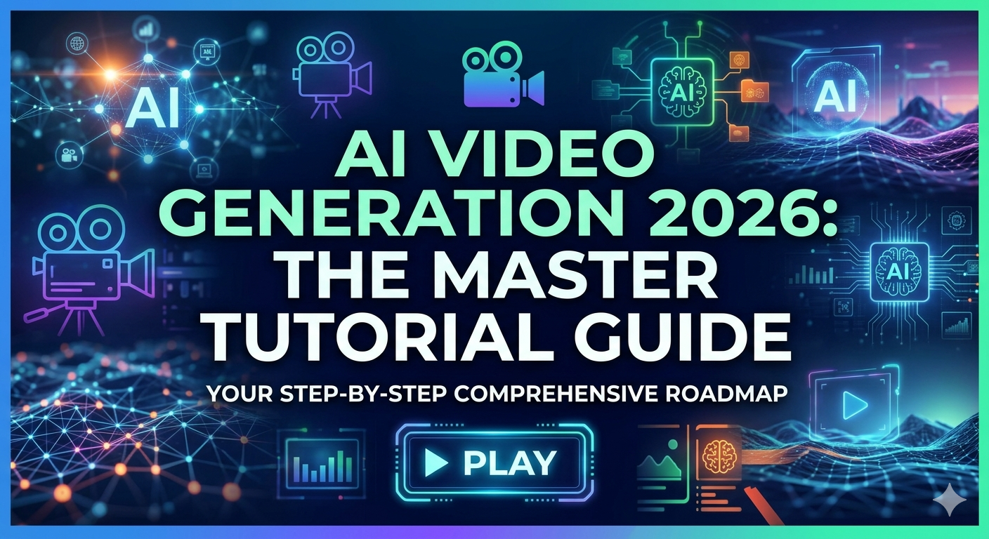 A high-tech digital banner for an AI Video Generation 2026 Master Tutorial Guide, featuring neon futuristic interfaces, neural network nodes, and a professional play button.