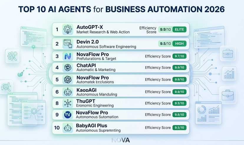 Infographic chart showing the 10 best AI agents for business automation in 2026 including AutoGPT-X and Devin 2.0.