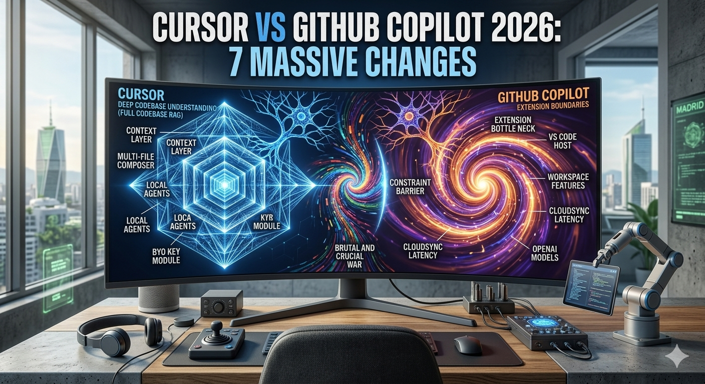 Cursor vs GitHub Copilot 2026 comparison showing 7 massive changes in AI coding interfaces and codebase indexing.