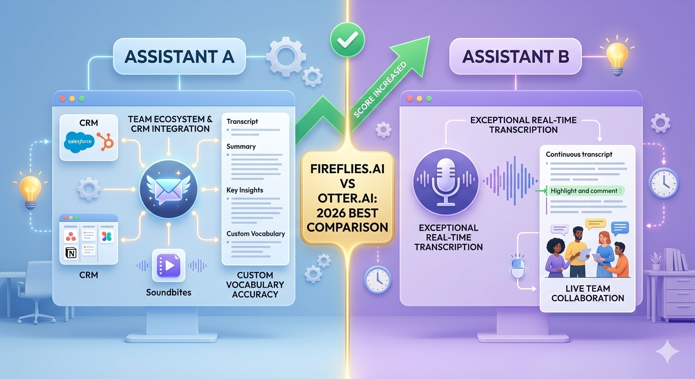 Fireflies.ai vs Otter.ai comparison infographic showing features for meeting transcription and summaries in 2026 best guide.
