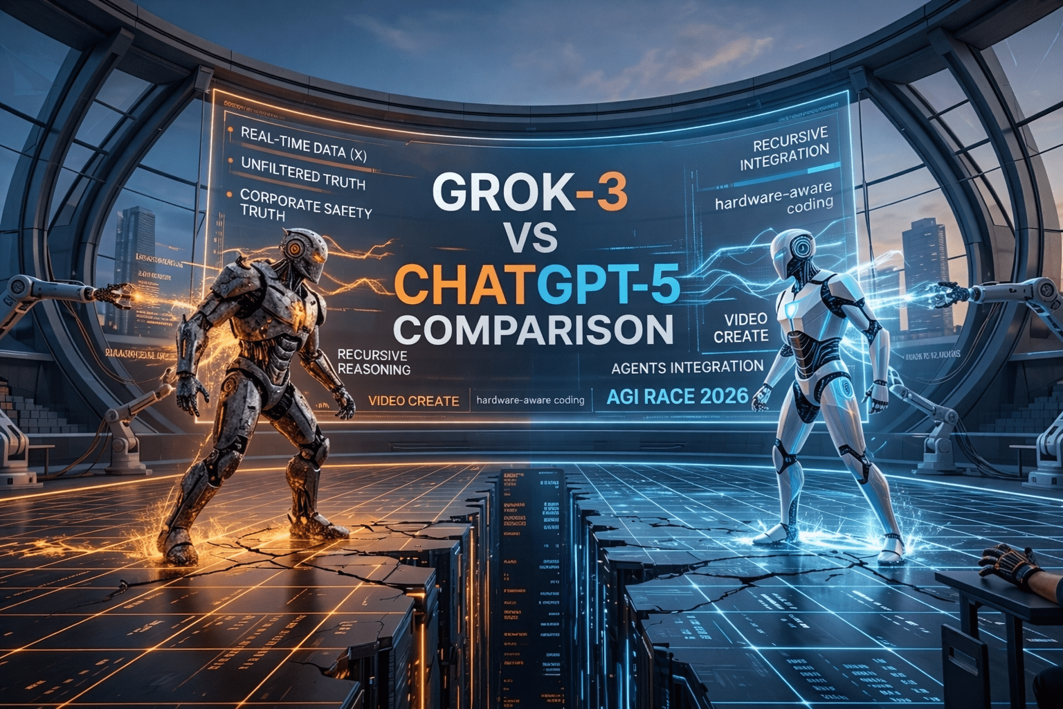 Grok-3 vs ChatGPT-5 comparison in a futuristic arena battle 2026