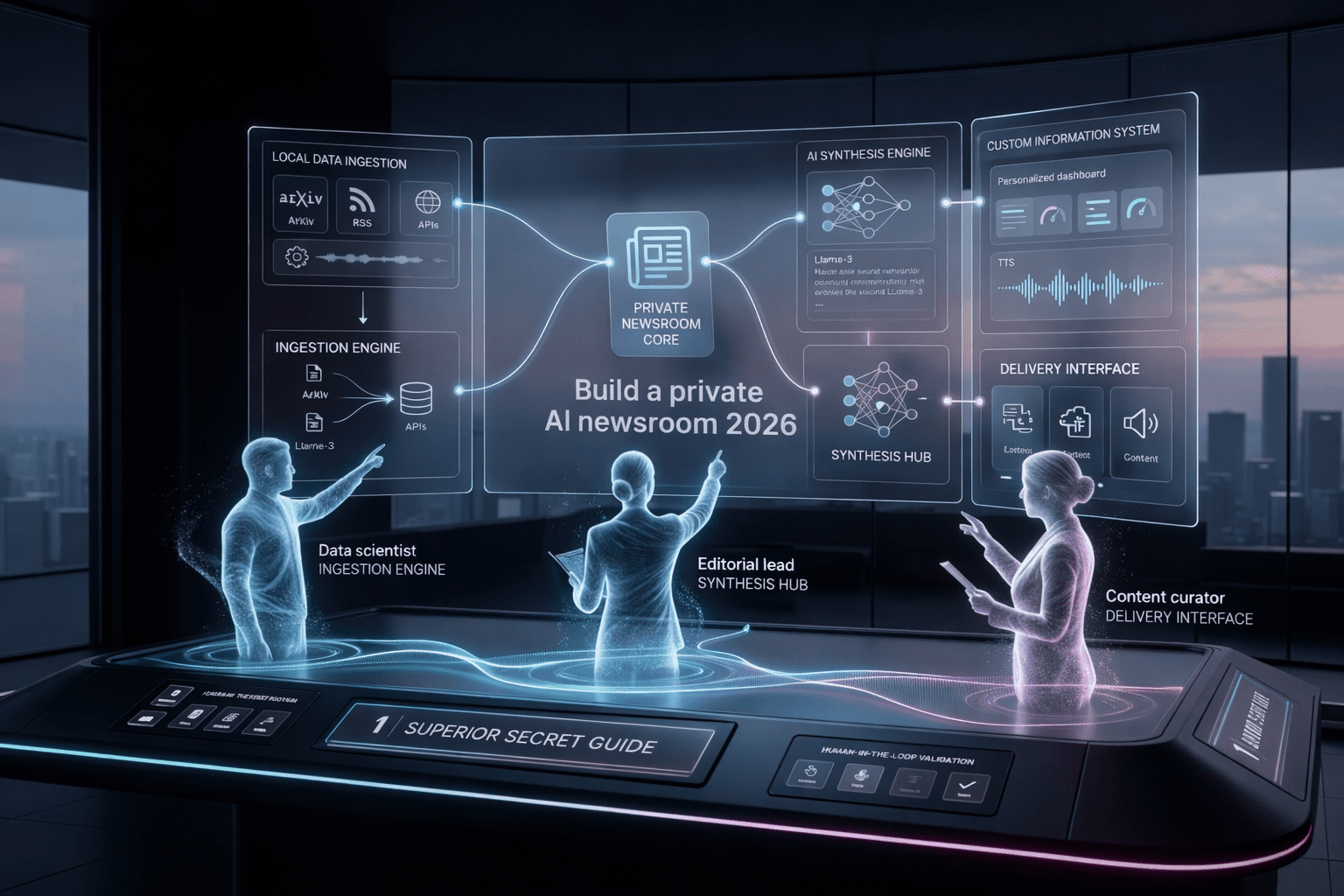 A futuristic professional workstation with glowing holographic displays showing how to build a private AI newsroom 2026.