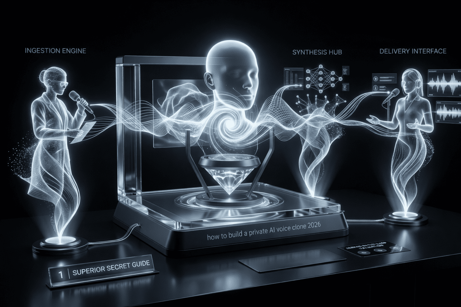 A futuristic crystalline data shield visualizing how to build a private AI voice clone 2026 for total security.
