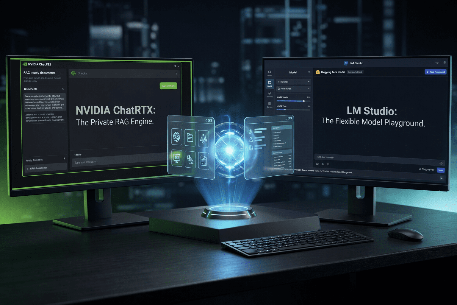 A high-tech digital workstation showing a Local AI interface comparison 2026 between NVIDIA ChatRTX and LM Studio.