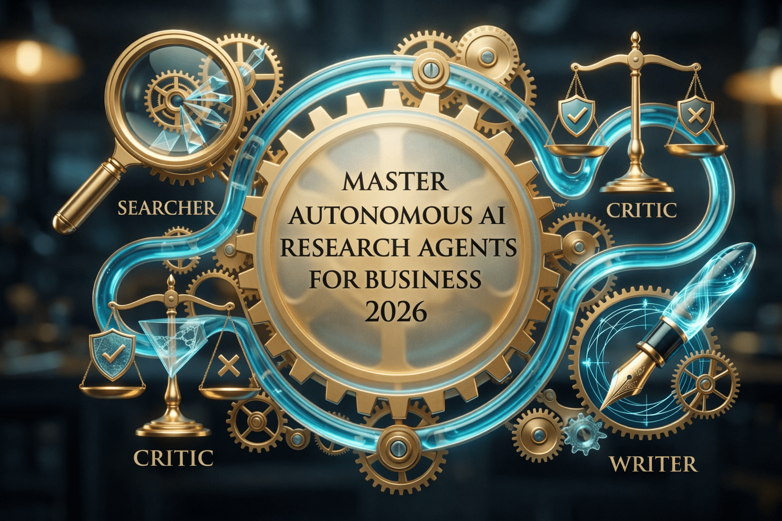 A high-precision mechanical master autonomous AI research agents for business 2026 blueprint with golden gears and liquid data.