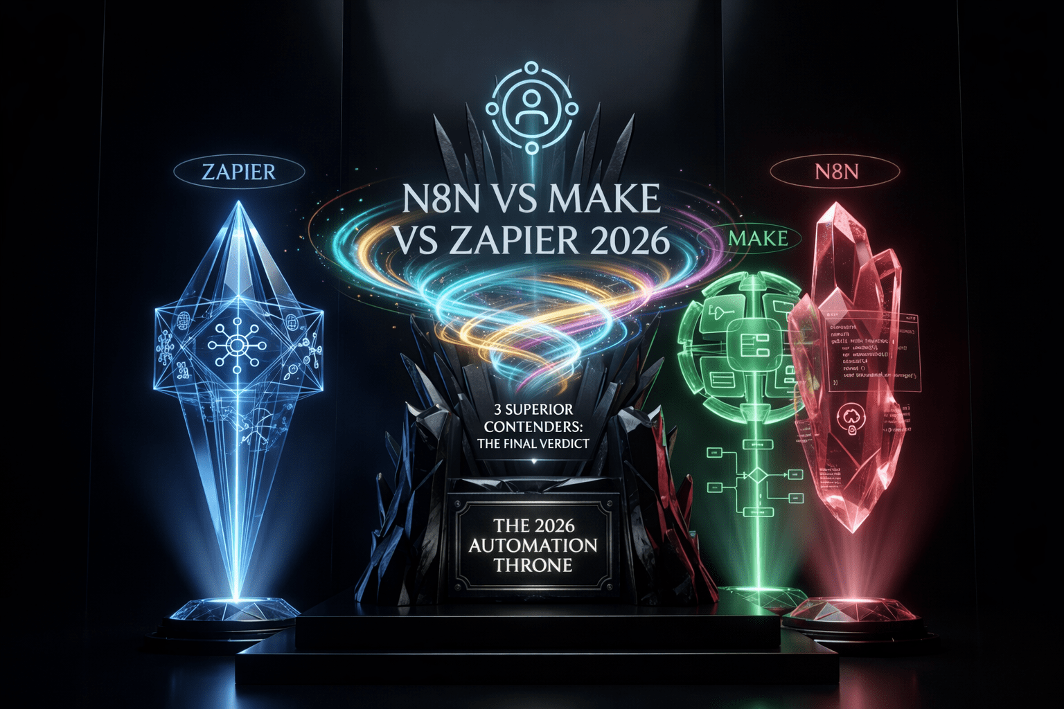 A futuristic regal visualization showing the 'N8N vs Make vs Zapier 2026' battle for automation supremacy.