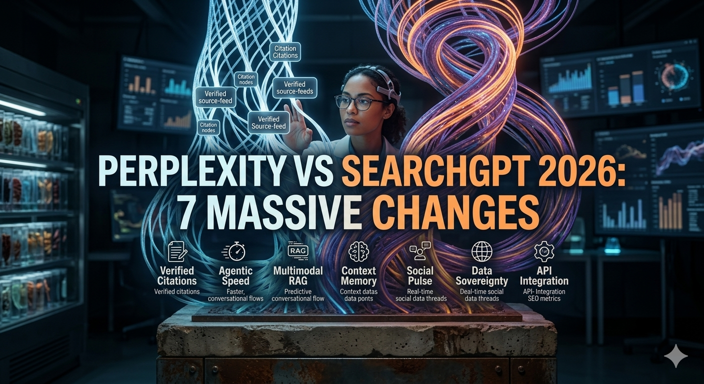 7 massive differences in Perplexity vs SearchGPT 2026 showing a researcher and neural maps on a Perplexity Pages dashboard.