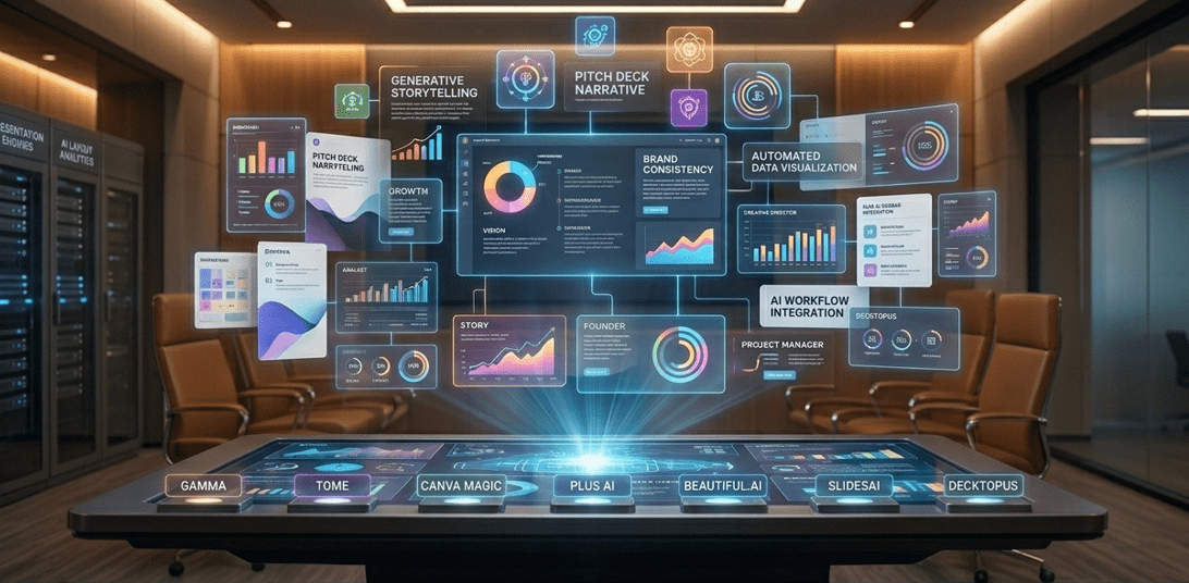 Futuristic digital boardroom visualization of the best AI Presentation Tools 2026, featuring a high-tech conference table with a complex holographic display synthesizing automated slides, data charts, and narrative modules within a professional ornate frame.