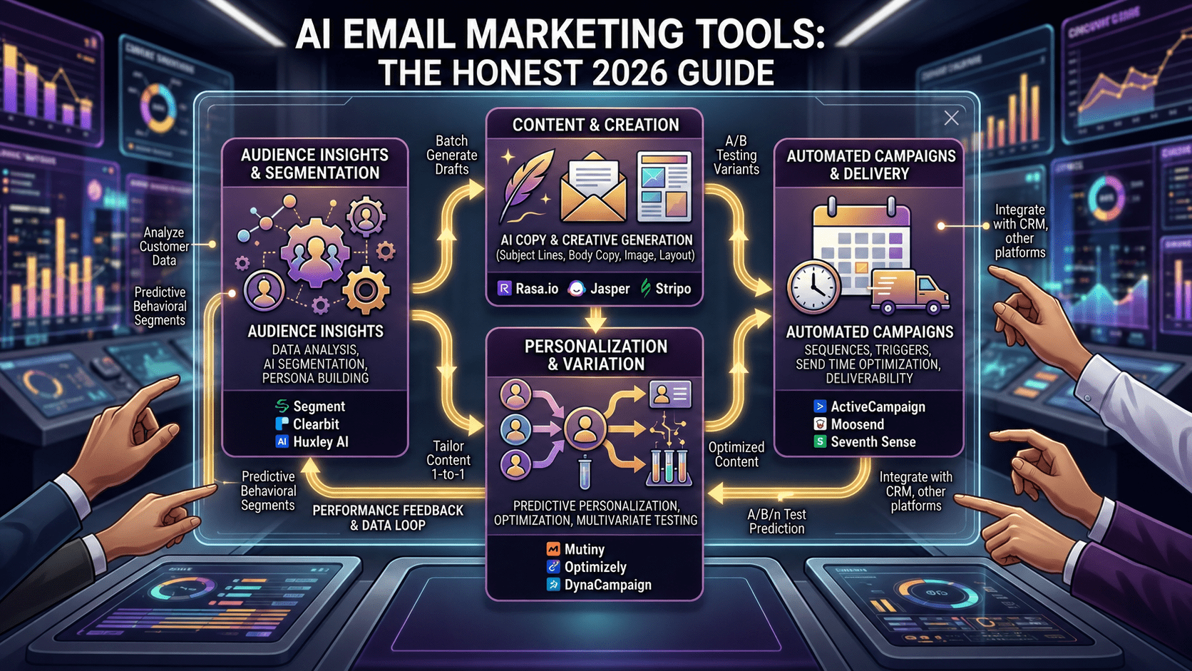 A detailed digital illustration of the 'AI EMAIL MARKETING TOOLS: THE HONEST 2026 GUIDE' workflow system. The image displays a modern control center with four main interconnected modules in a continuous cycle: 'AUDIENCE INSIGHTS & SEGMENTATION (left: Segment, Clearbit, Huxley AI)', 'CONTENT & CREATION (top: Rasa.io, Jasper, Stripo)', 'PERSONALIZATION & VARIATION (bottom: Mutiny, Optimizely, DynaCampaign)', and 'AUTOMATED CAMPAIGNS & DELIVERY (right: ActiveCampaign, Moosend, Seventh Sense)'. Data streams and rich purple, gold, and teal tech glows connect all stages into an efficient, optimized loop. The overall composition emphasizes structural clarity and is distinct from the visual style of social media images, with clear English labels.