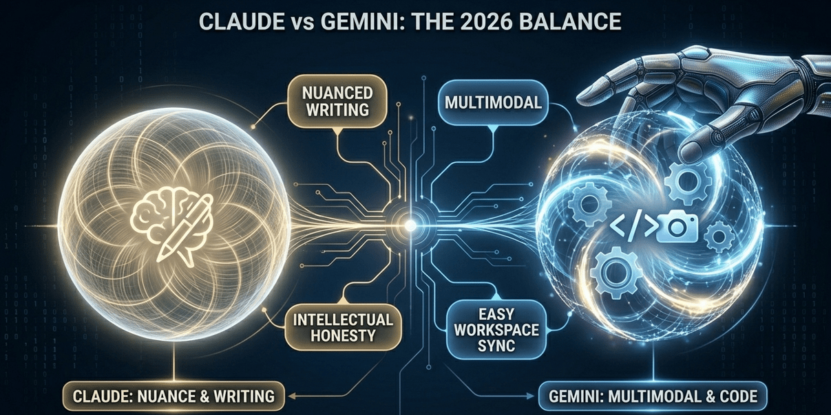 A minimalist 2026 visual comparison of Claude vs Gemini. The design features a sleek dark monolith with two glowing power centers: a warm amber node for Claude's 'Nuance & Writing' and a vibrant blue node for Gemini's 'Multimodal & Code'. A high-tech cybernetic hand interacts with the interface, symbolizing the human-AI workflow balance. Clean, professional aesthetic with zero clutter.