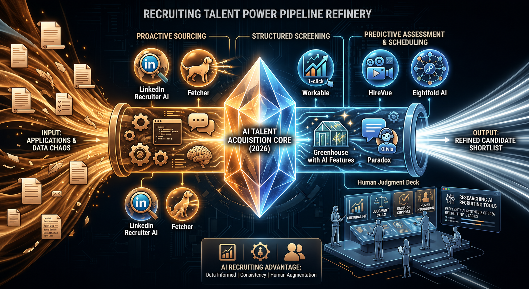 A futuristic visual architecture of a talent pipeline refinery for AI recruiting in 2026. The image features a central 'AI Talent Acquisition Core' crystal that transforms chaotic candidate data into a refined shortlist. It showcases specialized nodes for tools like LinkedIn Recruiter, HireVue, and Paradox, all connected to a 'Human Judgment Deck' for final decision-making.