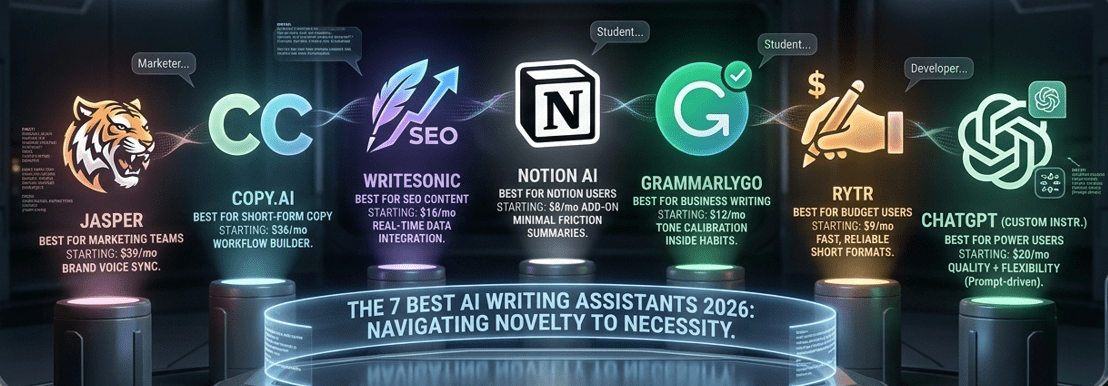 A technical comparison showcase of the top 7 ai writing assistants in 2026. The futuristic holographic display features neon-lit icons for Jasper, Copy.ai, Writesonic, Notion AI, GrammarlyGO, Rytr, and ChatGPT, each with brief expert verdicts and pricing data, all contained within a sleek digital laboratory and a detailed ornate frame.