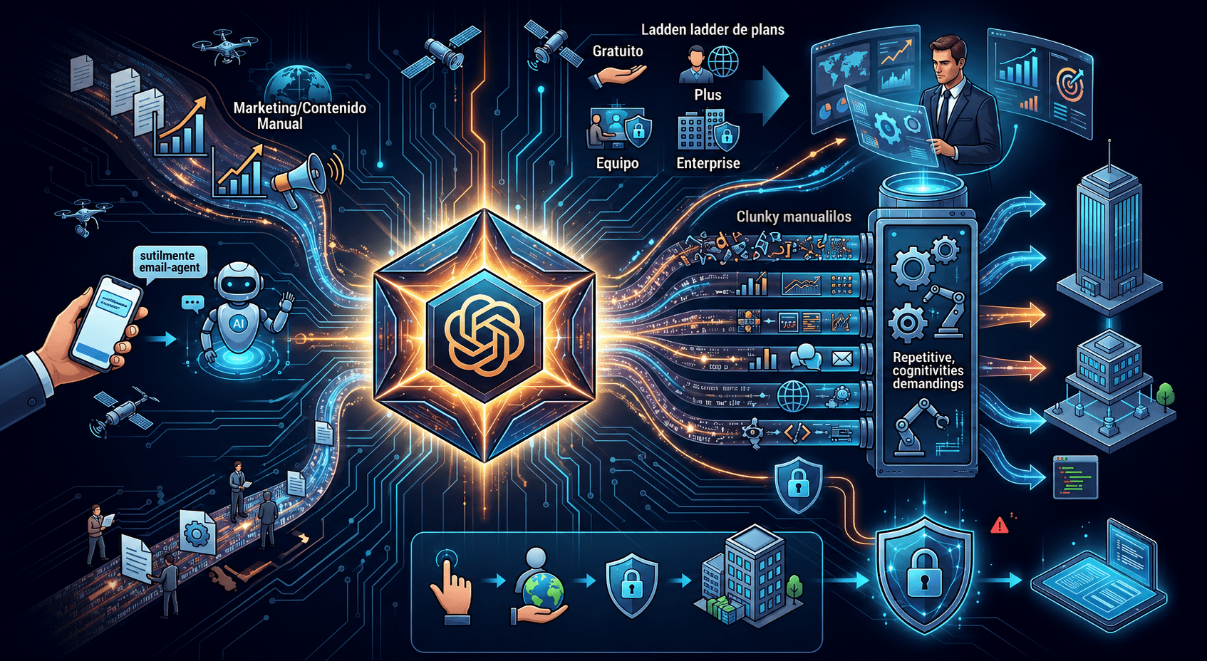 A high-end visual architecture titled 'The Nova Radar' for ChatGPT for business in 2026. The graphic displays a glowing central synthesis core connecting manual workflows like marketing and support to automated AI outputs. It highlights the transition from casual chat to professional data analysis, secure team workspaces, and repeatable automated pipelines in a dark, futuristic UI.