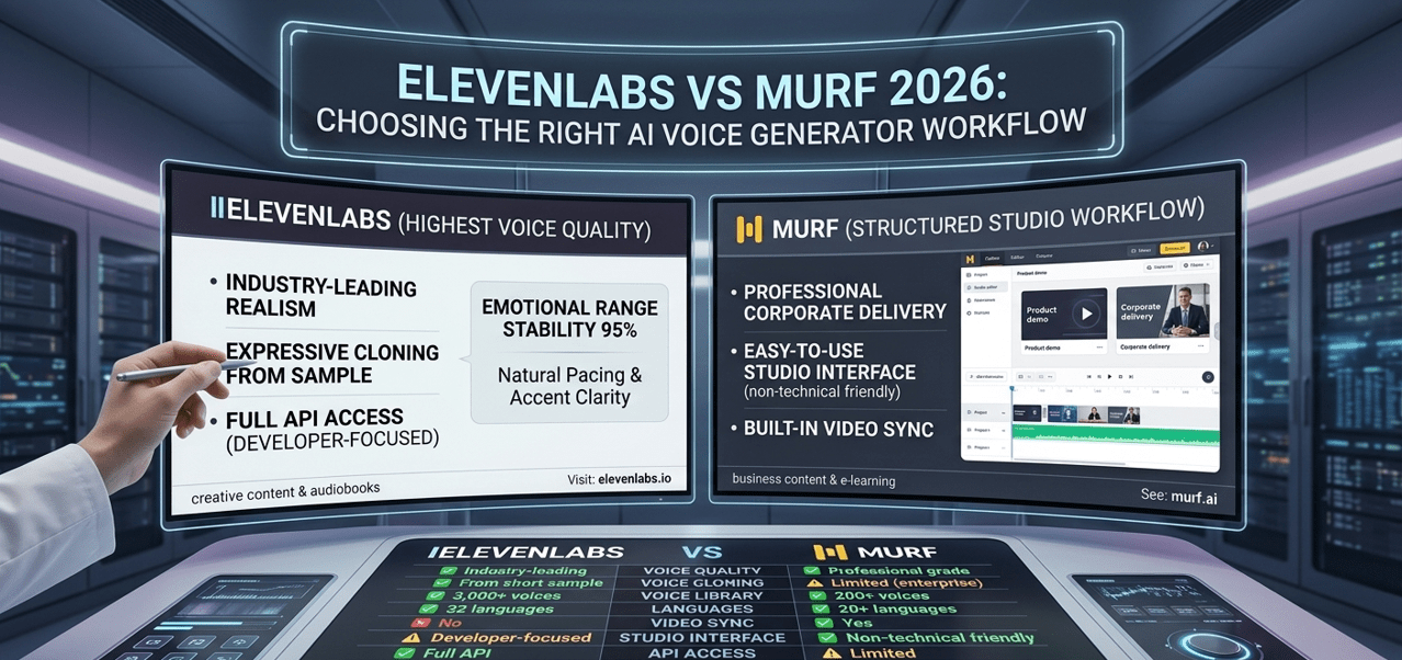 A technical side-by-side comparison of elevenlabs vs murf in 2026. The left panel features ElevenLabs showcasing industry-leading voice quality, expressive cloning, and API access for creative content. The right panel displays Murf's structured studio workflow with built-in video sync and professional corporate delivery. Both are presented as high-tech holographic interfaces in a digital sound studio with an ornate frame.