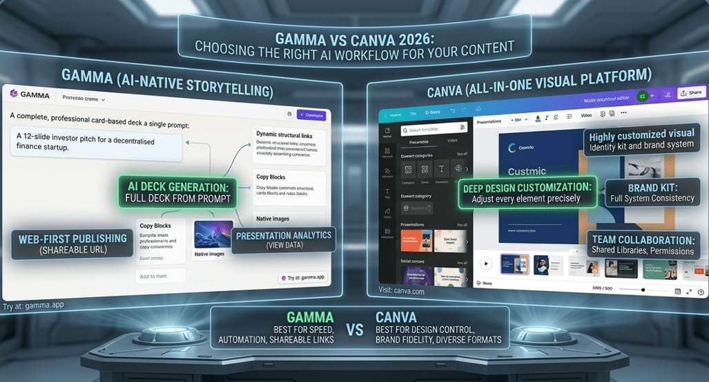 A technical side-by-side comparison of gamma vs canva in 2026. The left panel showcases Gamma's AI-native storytelling with full deck generation from a single prompt and web-first publishing. The right panel displays Canva's all-in-one visual platform featuring deep design customization, brand kits, and team collaboration tools. Both interfaces are presented as futuristic holographic screens inside a sleek digital lab with an ornate metal frame.