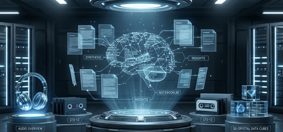 Google NotebookLM 2026 visualization showing a futuristic holographic interface synthesizing uploaded research documents into a structured mind map, with a dedicated Audio Overview feature represented by glowing glass headphones.