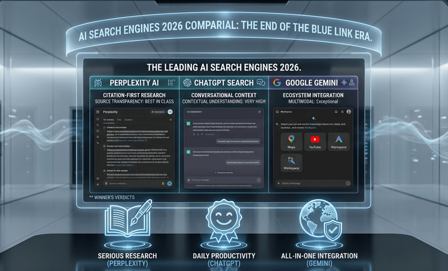 A cinematic visualization comparing the leading AI search engines 2026 inside a futuristic digital research library. Three large transparent holographic displays rise from an obsidian desk, showcasing Perplexity AI with citations, ChatGPT Search with conversational mastery, and Google Gemini with ecosystem integration, all framed in a detailed ornate metal border.