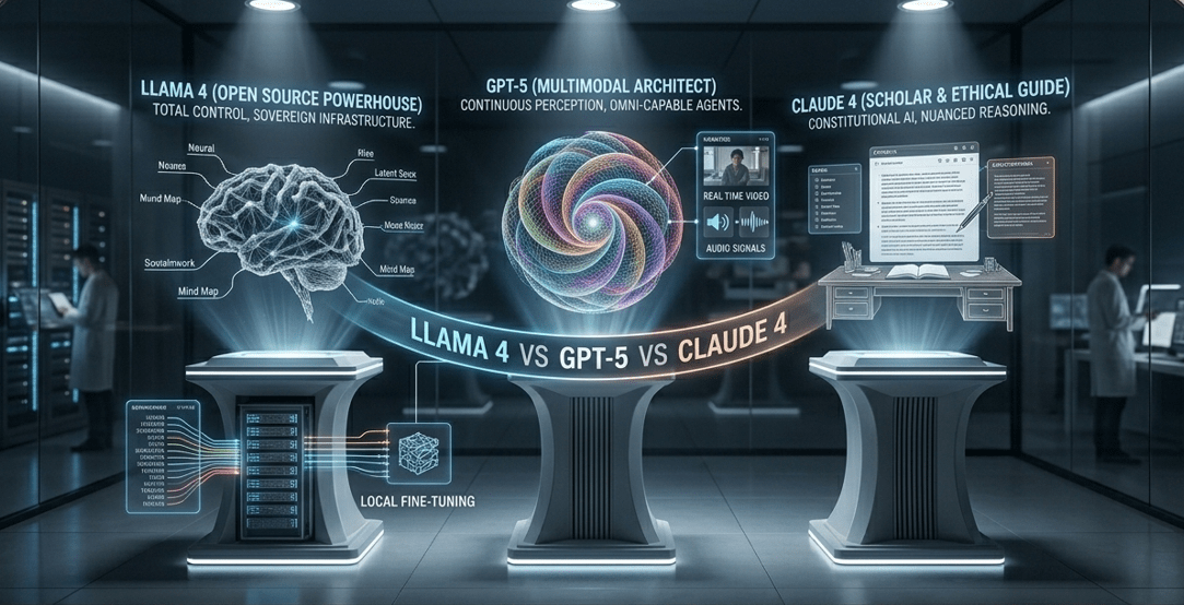 A cinematic laboratory visualization comparing **llama 4 vs gpt-5 vs claude 4** in 2026. Three holographic pedestals display the core philosophies of each model: a neural brain for Llama 4 (Sovereign Open Source), a multi-dimensional core for GPT-5 (Multimodal Architect), and a sophisticated scholar's desk for Claude 4 (Ethical Reasoning), all presented within a high-tech facility and a brushed metal frame.