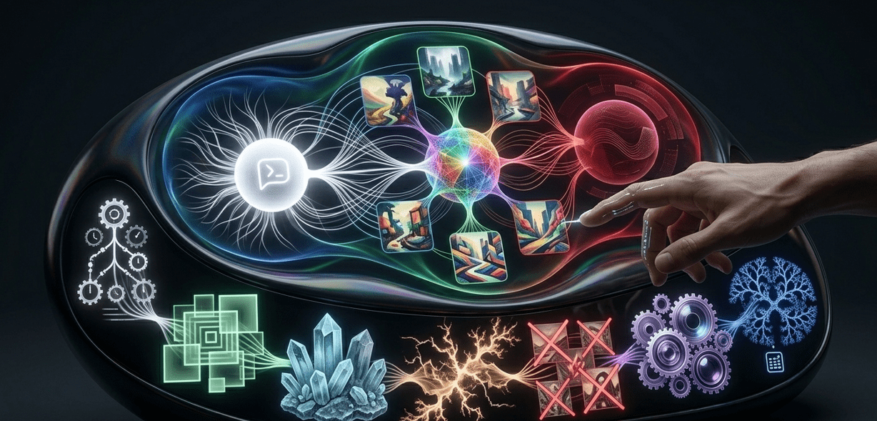 A futuristic and minimalist visual interface representing the Midjourney AI creative process. The design features a sleek dark organic monolith with glowing neural nodes, showing a central crystalline brain connecting to various artistic style presets and abstract lighting effects. It illustrates the high-end aesthetic intelligence and machine-generated art workflow without heavy text or clutter.