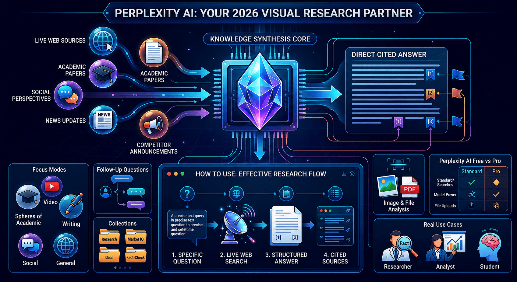 A high-end visual architecture of the Perplexity AI answer engine in 2026. The image features a glowing 'Knowledge Synthesis Core' crystal that transforms live web sources into direct, cited answers. Surrounding floating nodes represent Academic, Social, and News updates, connected by sleek data-light paths. Minimalist, professional, and dark-themed design for AI research workflows.