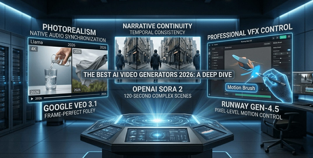 A technical laboratory synthesis visualization comparing the best ai video generators 2026. The complex holographic projector showcases three distinctive engines: Google Veo 3.1 for photorealism and native foley, Sora 2 for narrative storytelling and temporal consistency, and Runway Gen-4.5 for granular VFX control with Motion Brush, all presented inside a futuristic 2026 studio with a detailed ornate frame.