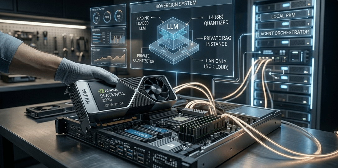 Technical walkthrough showing how to build a private ai server 2026 featuring the installation of a high-end Blackwell GPU into a custom workstation. The image displays a holographic interface loading local LLMs and private RAG systems for total data sovereignty, all within a professional metal frame.